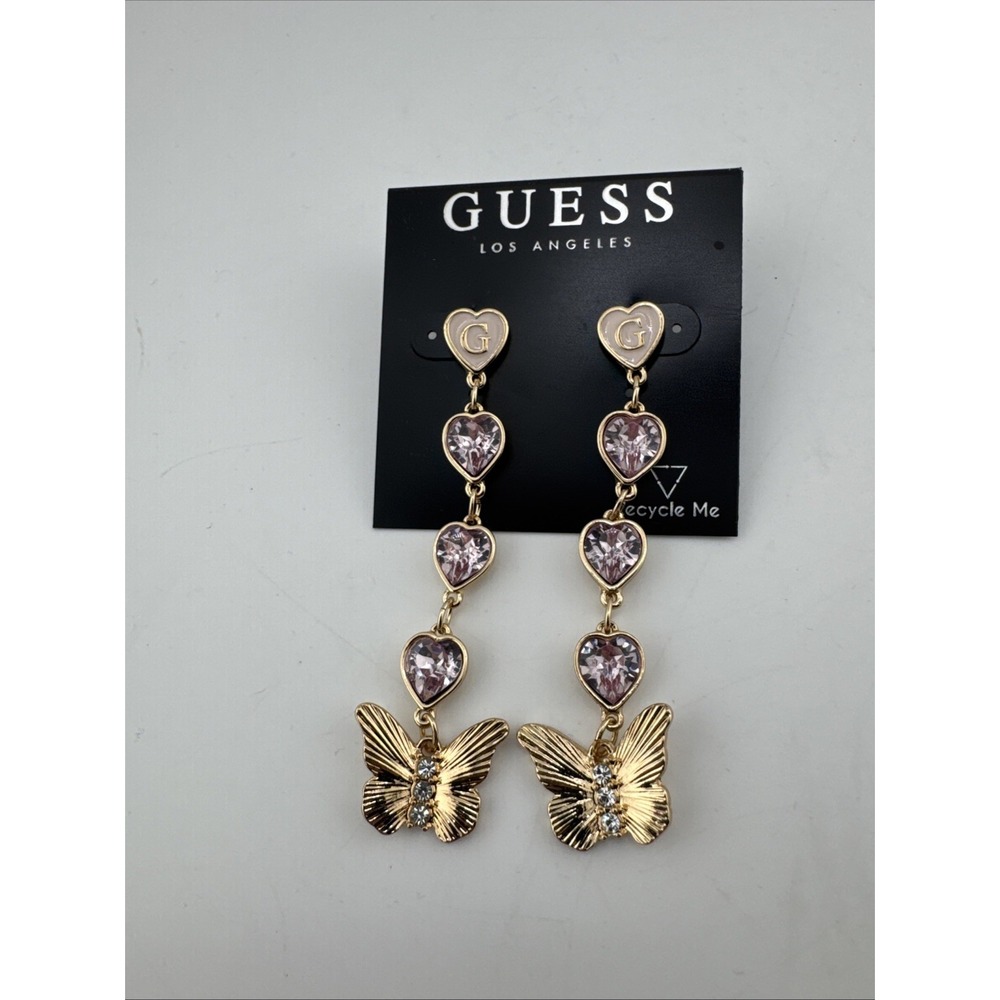 NWT GUESS Gold Tone Butterfly & Triple Heart Crystal Dangle Drop Earrings y2k